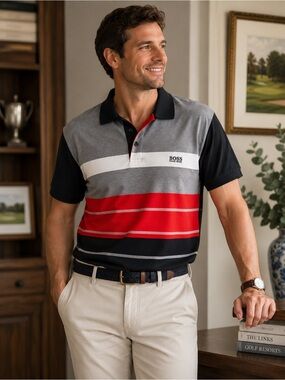 BOSS Hugo Boss M Red Gray Colorblock Polo Regular Fit Golf Preppy Shirt Menswear
